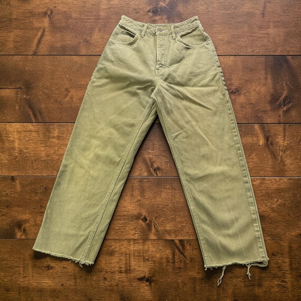 Vintage Japan Made Edwin Womens High Rise Jeans Olive Green Raw Hem Size 26x26